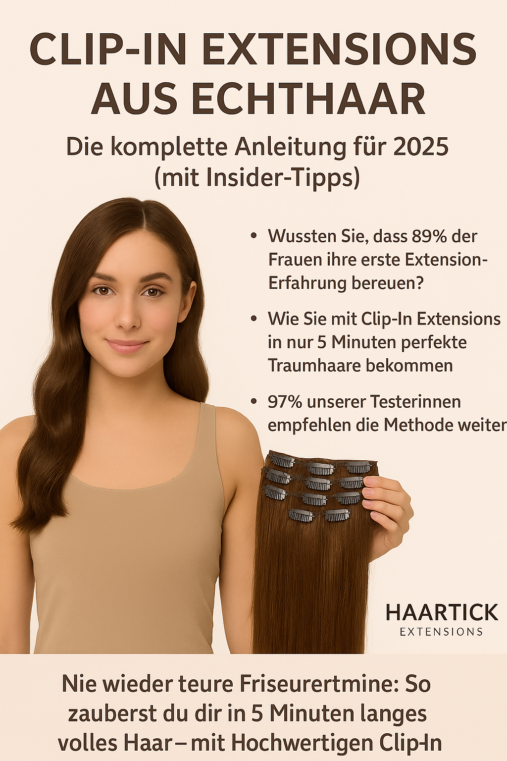 Junge Frau mit langen braunen Haaren zeigt Clip-In Extensions aus Echthaar. Text im Bild: „Clip-In Extensions aus Echthaar – Die komplette Anleitung für 2025 (mit Insider-Tipps)“. Enthält drei Stichpunkte zu Nutzererfahrungen, einfacher Anwendung und Weiterempfehlung. Logo: Haartick Extensions.