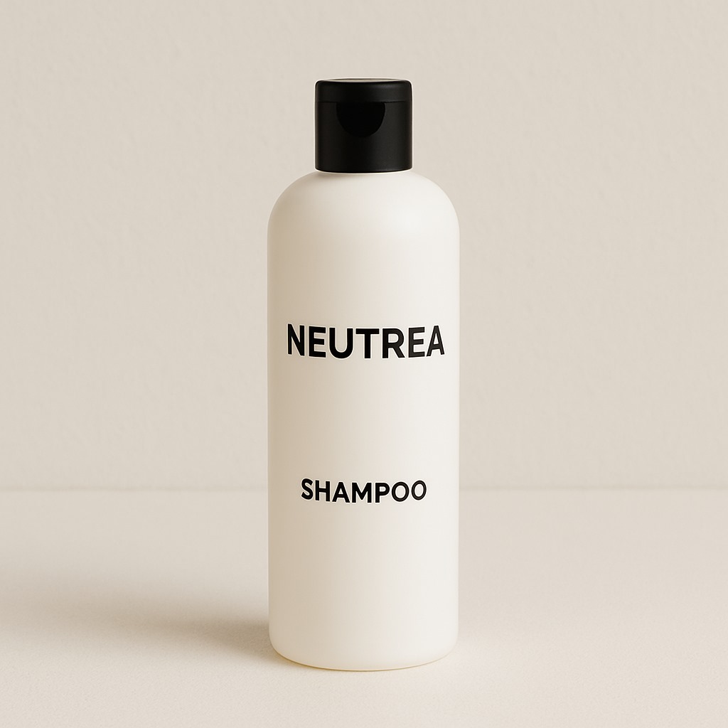 Neutrea-Shampoo-Flasche mit blauem Kreuz und schwarzer Beschriftung auf weichem, beigem Hintergrund.