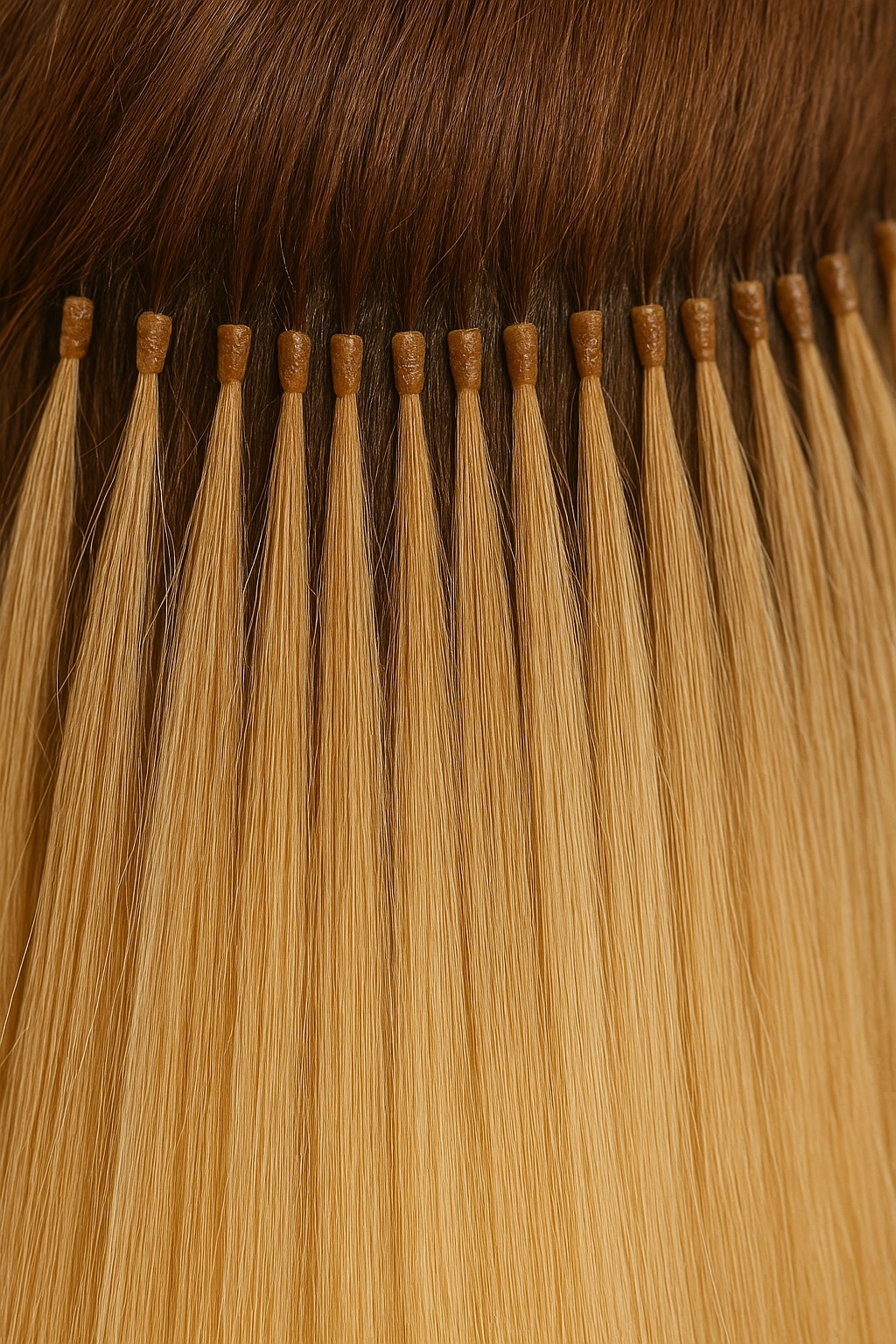 Nahaufnahme von blonden Bonding-Extensions, die präzise am hellbraunen Eigenhaar befestigt sind.