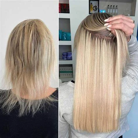 Vorher Nachher Vergleich mit Bonding Extensions bei blondem Haar