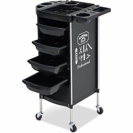 Schwarzer Friseurwagen mit fünf offenen Schubladen und seitlicher Barber-Shop-Aufschrift - ideal zur Organisation im Friseursalon.