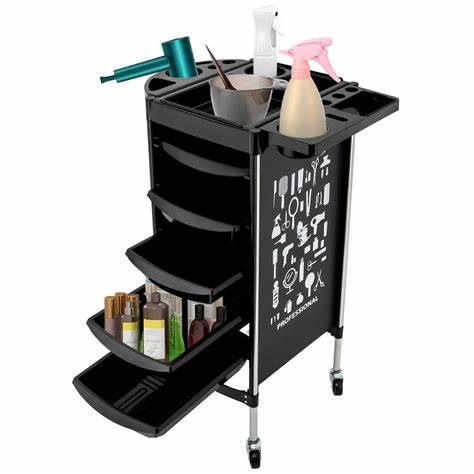Friseurwagen mit fünf Schubladen, gefüllt mit Pflegeprodukten, Sprayflaschen und Styling-Tools - perfekt für professionelles Arbeiten im Salon.