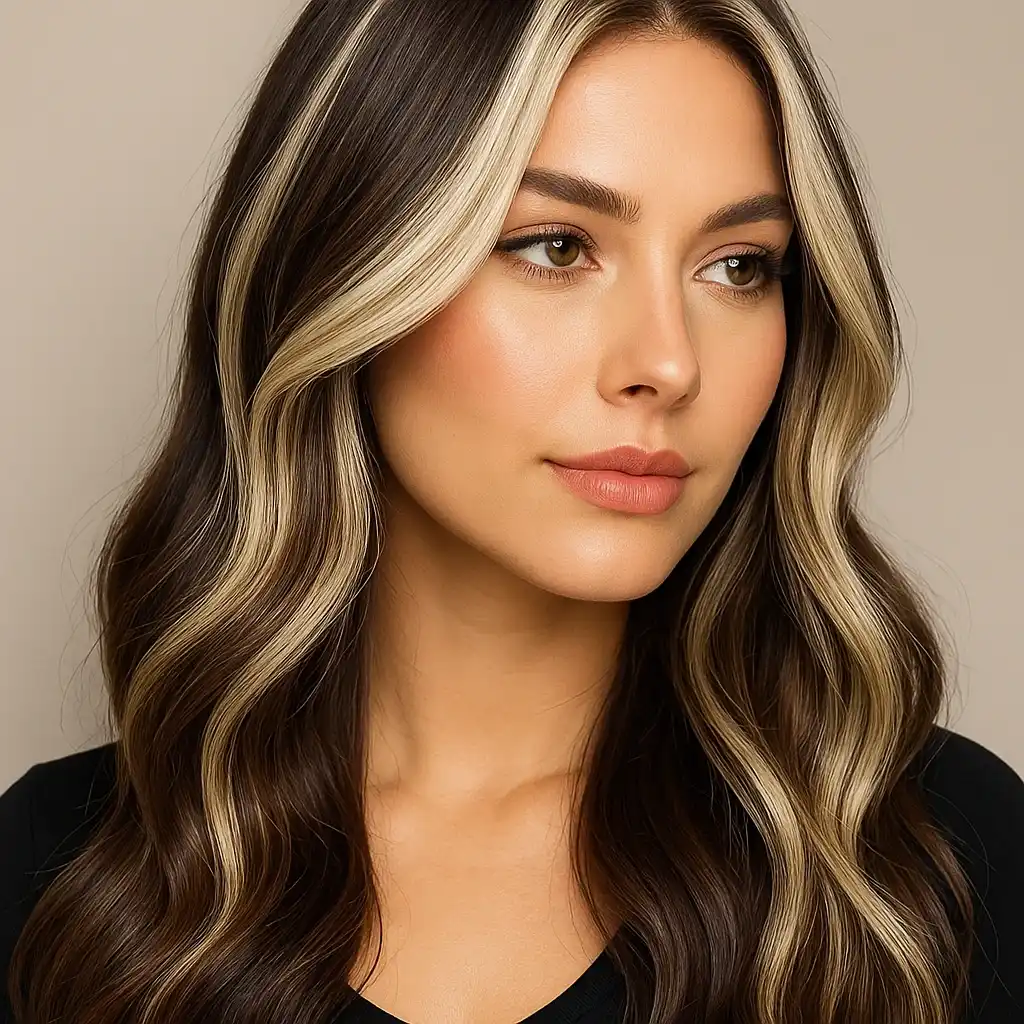 Frau mit Espressobraun-Haaren und auffälligen platinblonden Strähnchen