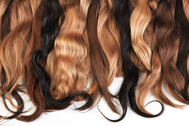 Verschiedene Echthaar-Strähnen in Blond-, Braun- und Schwarznuancen als Beispiel für Bondings einsetzen
